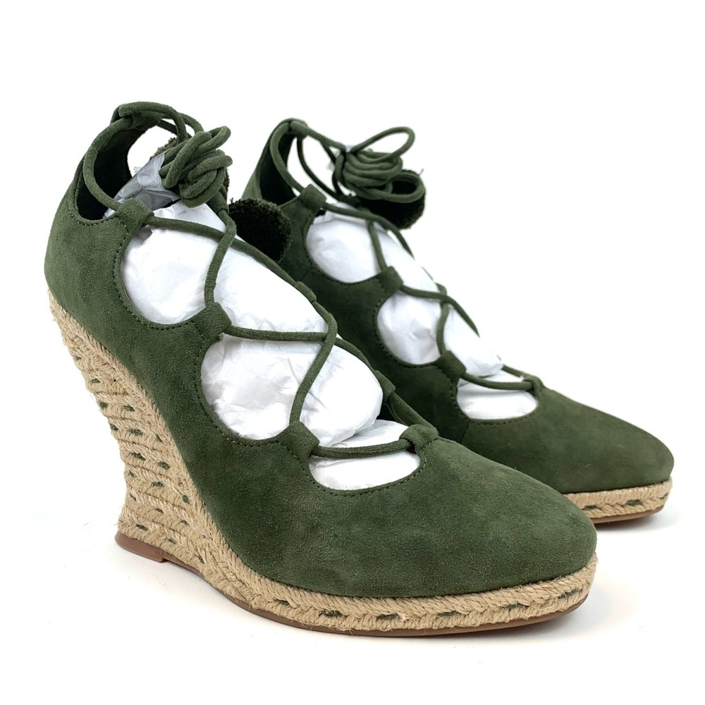 Tory Burch Heather Wedge Espadrille Green Suede Leather Lace Up Heel Size 6